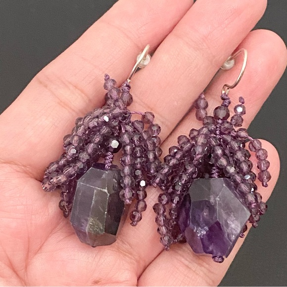 Handmade Amethyst Crystal Cluster Beads Drop Earrings - Picture 3 of 11